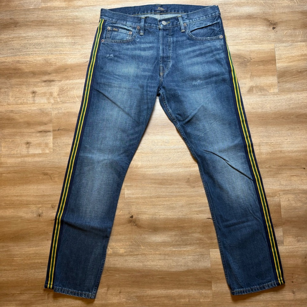 Polo Ralph Lauren Jeans Mens 33x32 Blue Varick Slim Straight Side Stripe Denim